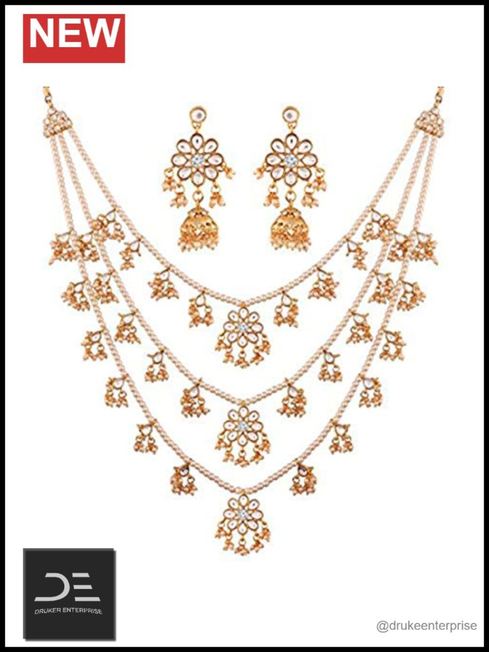 Ethnic Layered Faux Pearl Kundan Necklace Earring Set Indian Traditional Rani